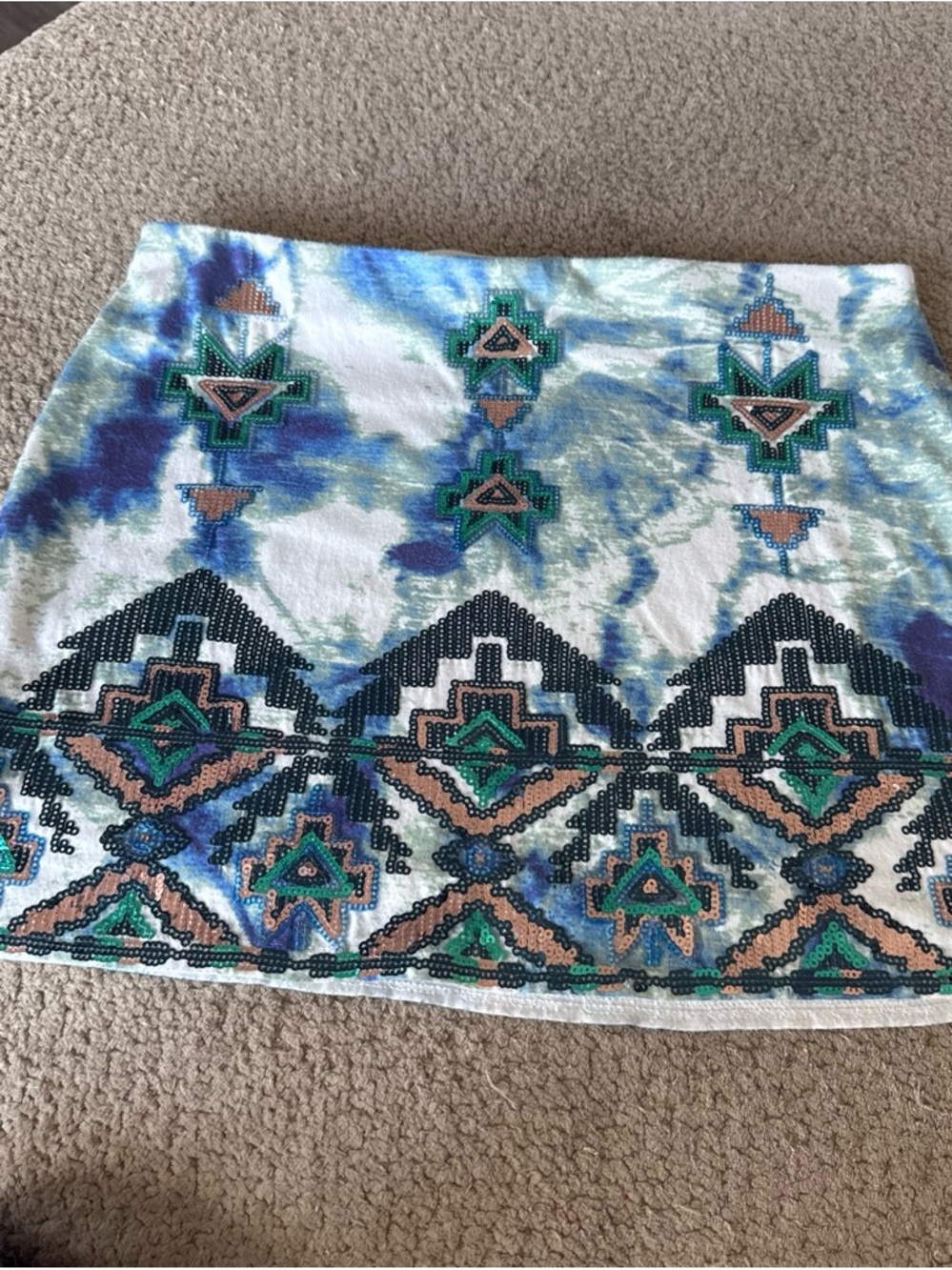 Express Embellished Tie-Dye Mini Skirt - White, Blue & Teal